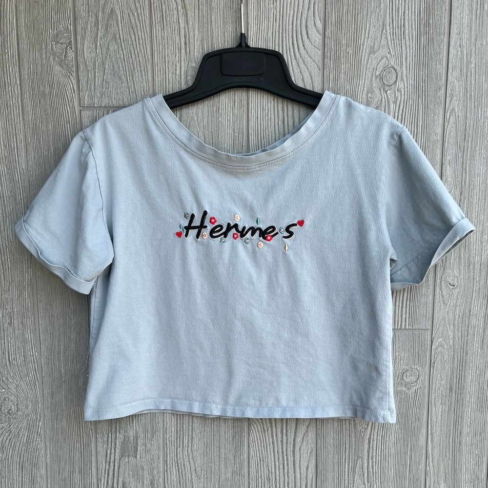 ZR Light Gray Embroidered Graphic Crop Top Medium Stretch Short Sleeve Cute Tee